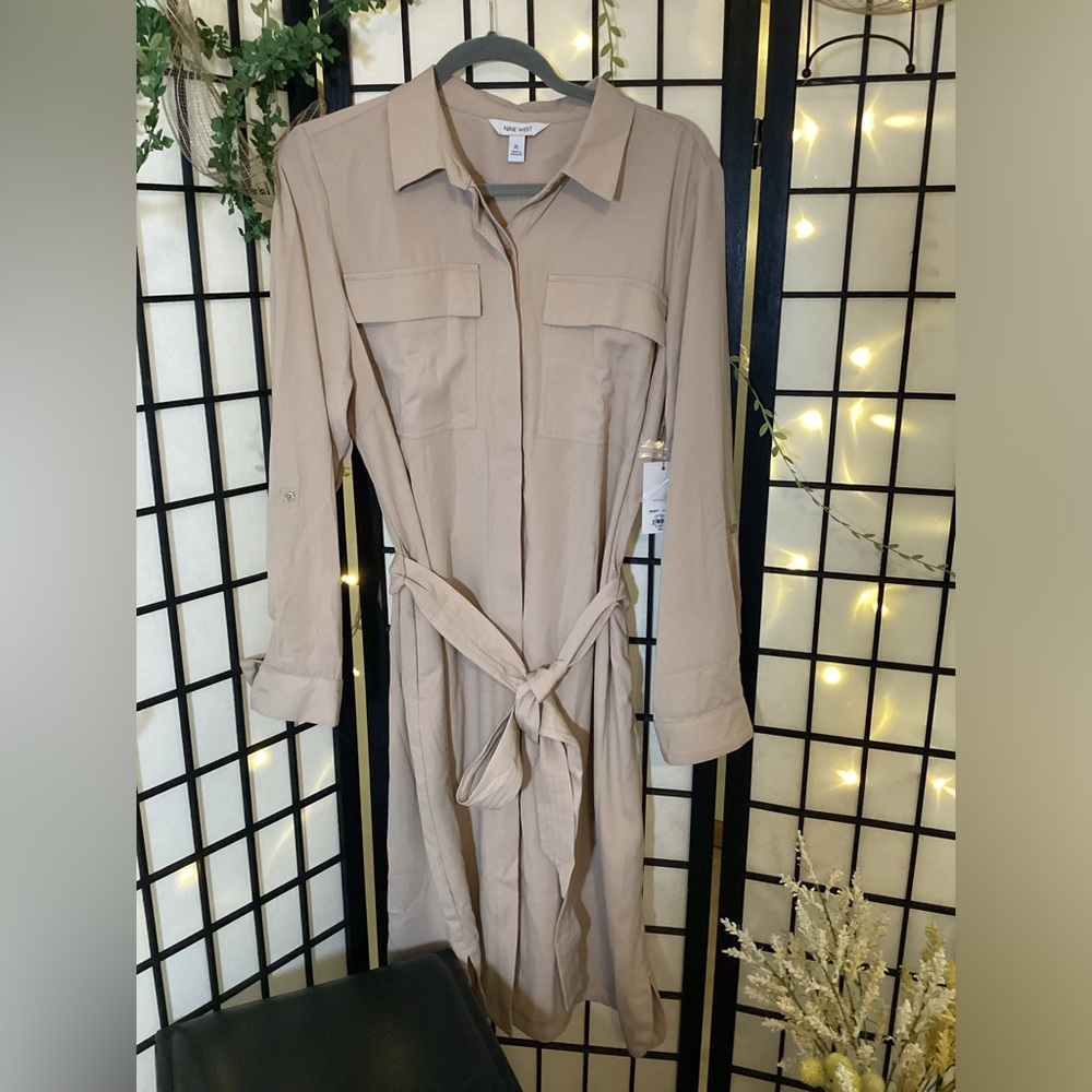 Nine West Beige Utility Shirt Dress with Tie Waist